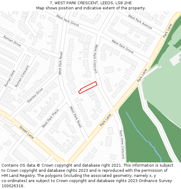 7, WEST PARK CRESCENT, LEEDS, LS8 2HE: Location map and indicative extent of plot