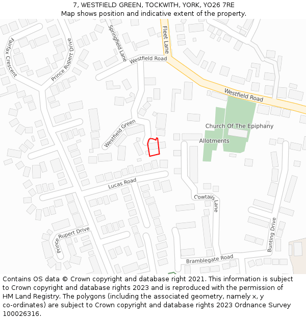 7, WESTFIELD GREEN, TOCKWITH, YORK, YO26 7RE: Location map and indicative extent of plot