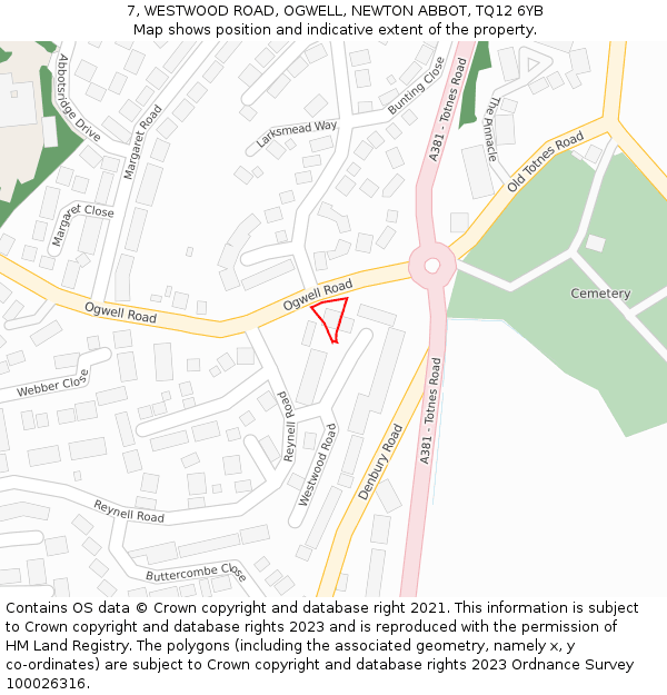 7, WESTWOOD ROAD, OGWELL, NEWTON ABBOT, TQ12 6YB: Location map and indicative extent of plot