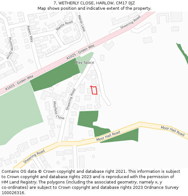 7, WETHERLY CLOSE, HARLOW, CM17 0JZ: Location map and indicative extent of plot