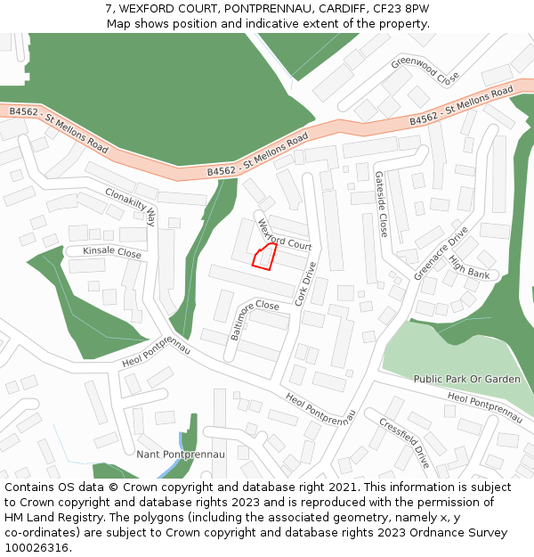 7, WEXFORD COURT, PONTPRENNAU, CARDIFF, CF23 8PW: Location map and indicative extent of plot
