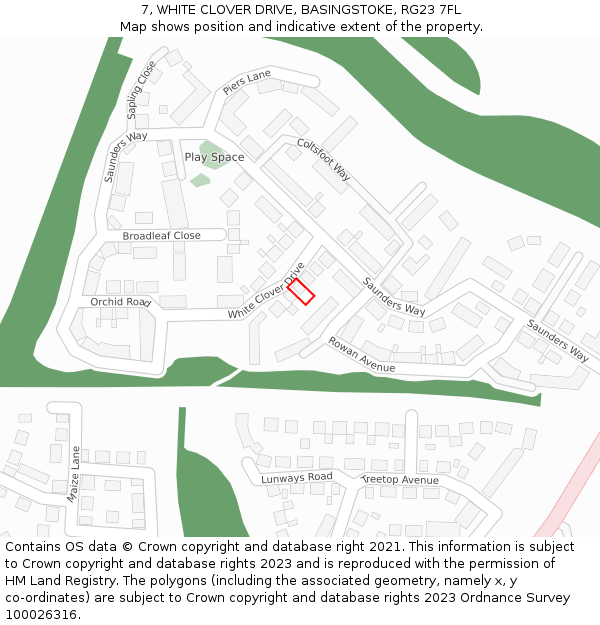 7, WHITE CLOVER DRIVE, BASINGSTOKE, RG23 7FL: Location map and indicative extent of plot