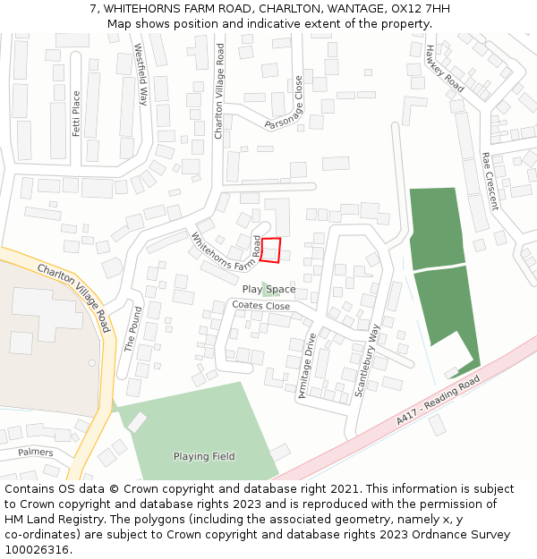 7, WHITEHORNS FARM ROAD, CHARLTON, WANTAGE, OX12 7HH: Location map and indicative extent of plot