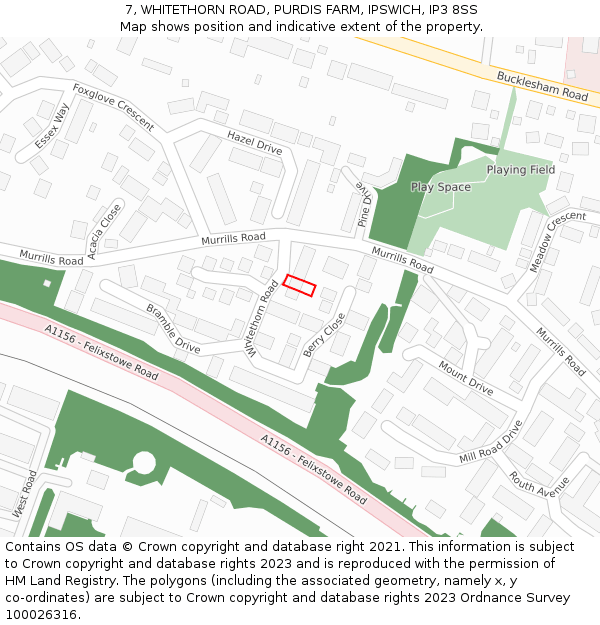 7, WHITETHORN ROAD, PURDIS FARM, IPSWICH, IP3 8SS: Location map and indicative extent of plot