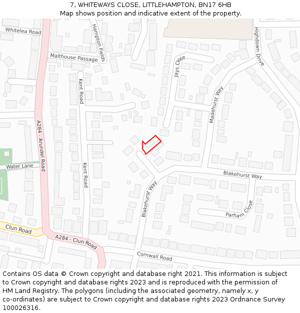 7, WHITEWAYS CLOSE, LITTLEHAMPTON, BN17 6HB: Location map and indicative extent of plot