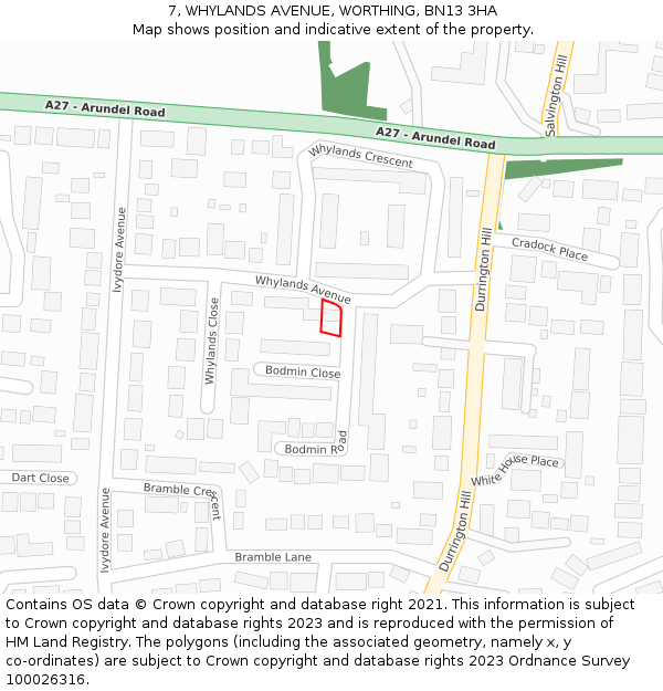 7, WHYLANDS AVENUE, WORTHING, BN13 3HA: Location map and indicative extent of plot