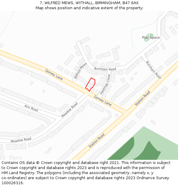 7, WILFRED MEWS, WYTHALL, BIRMINGHAM, B47 6AX: Location map and indicative extent of plot