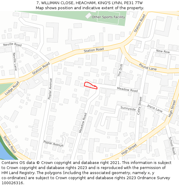 7, WILLIMAN CLOSE, HEACHAM, KING'S LYNN, PE31 7TW: Location map and indicative extent of plot