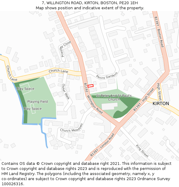 7, WILLINGTON ROAD, KIRTON, BOSTON, PE20 1EH: Location map and indicative extent of plot