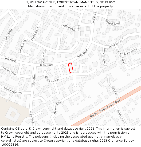 7, WILLOW AVENUE, FOREST TOWN, MANSFIELD, NG19 0NY: Location map and indicative extent of plot