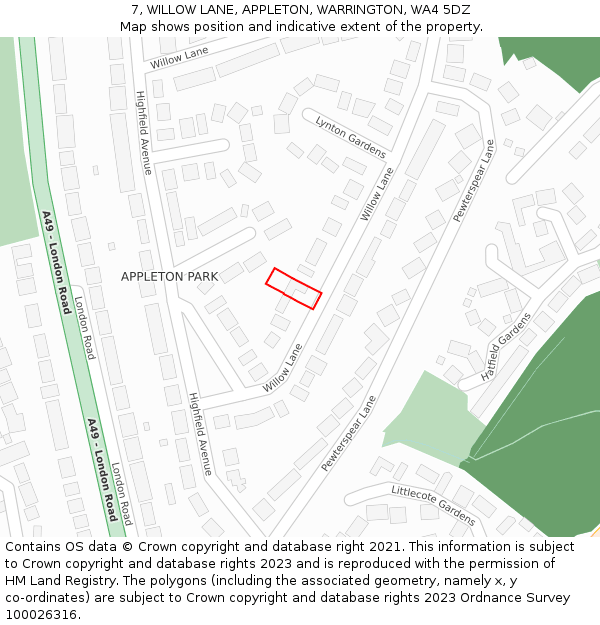 7, WILLOW LANE, APPLETON, WARRINGTON, WA4 5DZ: Location map and indicative extent of plot