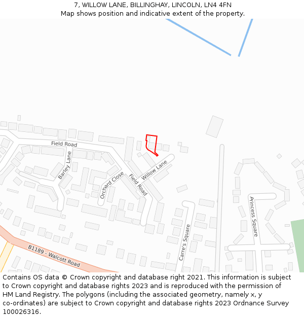 7, WILLOW LANE, BILLINGHAY, LINCOLN, LN4 4FN: Location map and indicative extent of plot