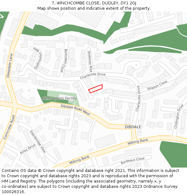 7, WINCHCOMBE CLOSE, DUDLEY, DY1 2GJ: Location map and indicative extent of plot