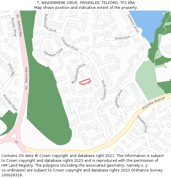 7, WINDERMERE DRIVE, PRIORSLEE, TELFORD, TF2 9RA: Location map and indicative extent of plot