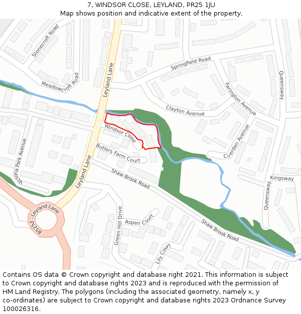 7, WINDSOR CLOSE, LEYLAND, PR25 1JU: Location map and indicative extent of plot
