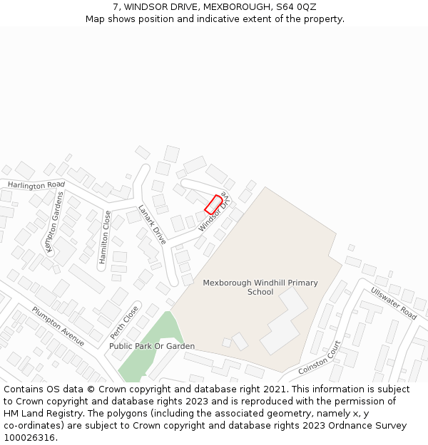 7, WINDSOR DRIVE, MEXBOROUGH, S64 0QZ: Location map and indicative extent of plot