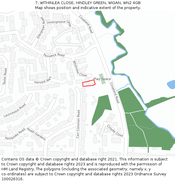7, WITHINLEA CLOSE, HINDLEY GREEN, WIGAN, WN2 4GB: Location map and indicative extent of plot