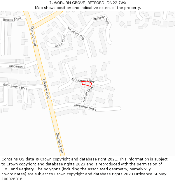 7, WOBURN GROVE, RETFORD, DN22 7WX: Location map and indicative extent of plot