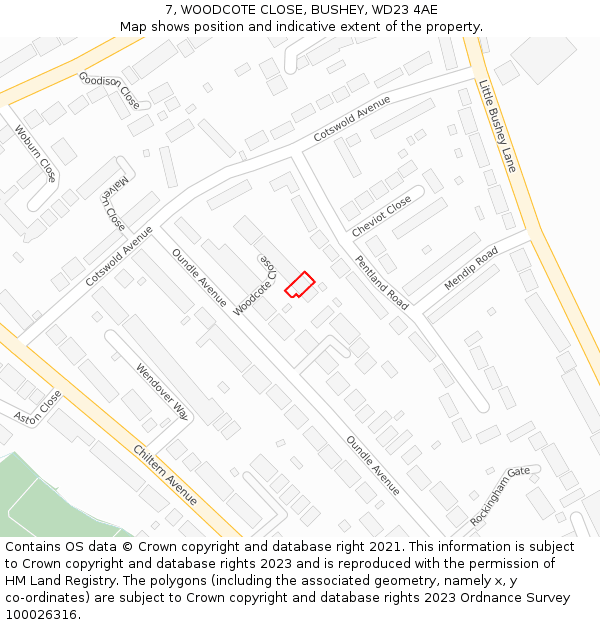 7, WOODCOTE CLOSE, BUSHEY, WD23 4AE: Location map and indicative extent of plot