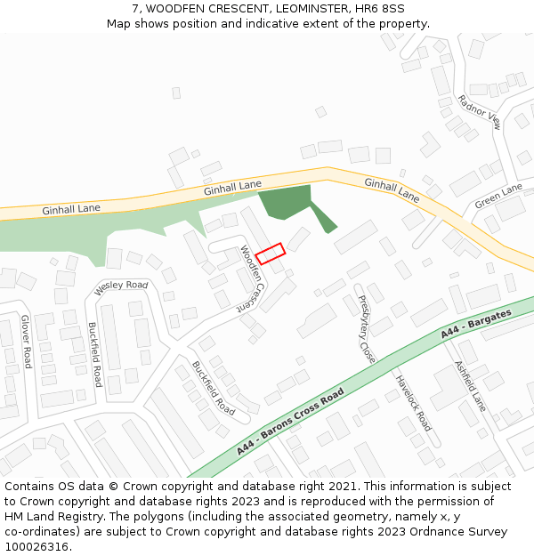 7, WOODFEN CRESCENT, LEOMINSTER, HR6 8SS: Location map and indicative extent of plot