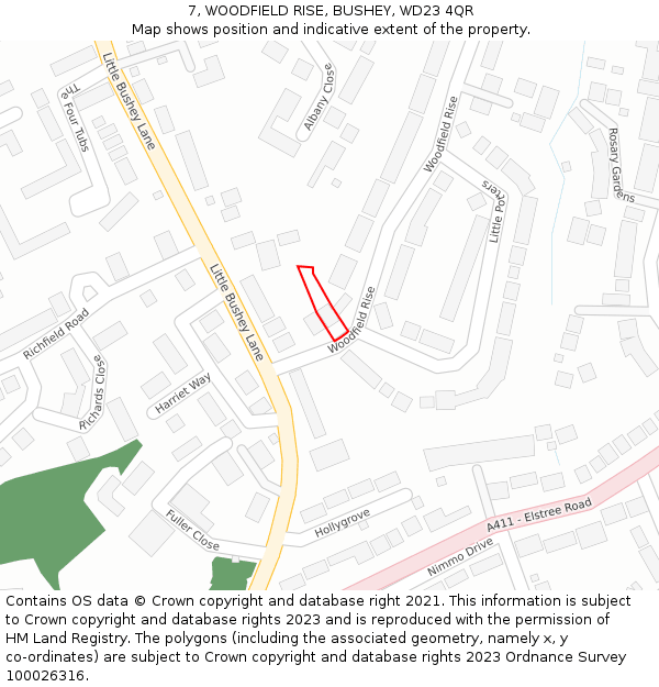 7, WOODFIELD RISE, BUSHEY, WD23 4QR: Location map and indicative extent of plot