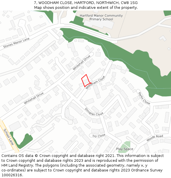 7, WOODHAM CLOSE, HARTFORD, NORTHWICH, CW8 1SG: Location map and indicative extent of plot