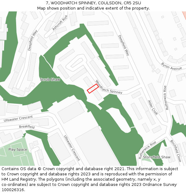 7, WOODHATCH SPINNEY, COULSDON, CR5 2SU: Location map and indicative extent of plot