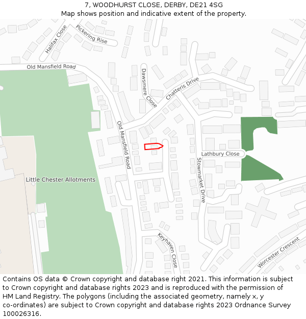 7, WOODHURST CLOSE, DERBY, DE21 4SG: Location map and indicative extent of plot