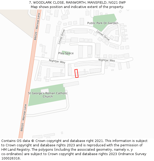 7, WOODLARK CLOSE, RAINWORTH, MANSFIELD, NG21 0WP: Location map and indicative extent of plot