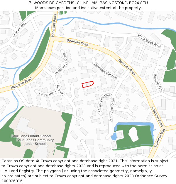 7, WOODSIDE GARDENS, CHINEHAM, BASINGSTOKE, RG24 8EU: Location map and indicative extent of plot