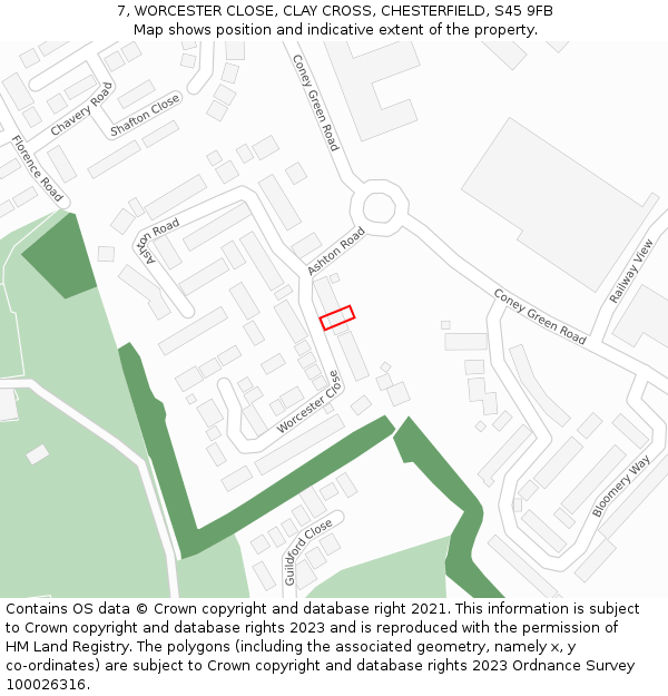 7, WORCESTER CLOSE, CLAY CROSS, CHESTERFIELD, S45 9FB: Location map and indicative extent of plot