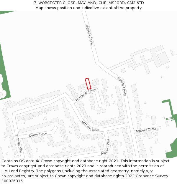 7, WORCESTER CLOSE, MAYLAND, CHELMSFORD, CM3 6TD: Location map and indicative extent of plot