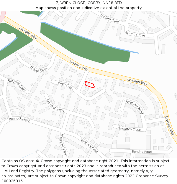 7, WREN CLOSE, CORBY, NN18 8FD: Location map and indicative extent of plot