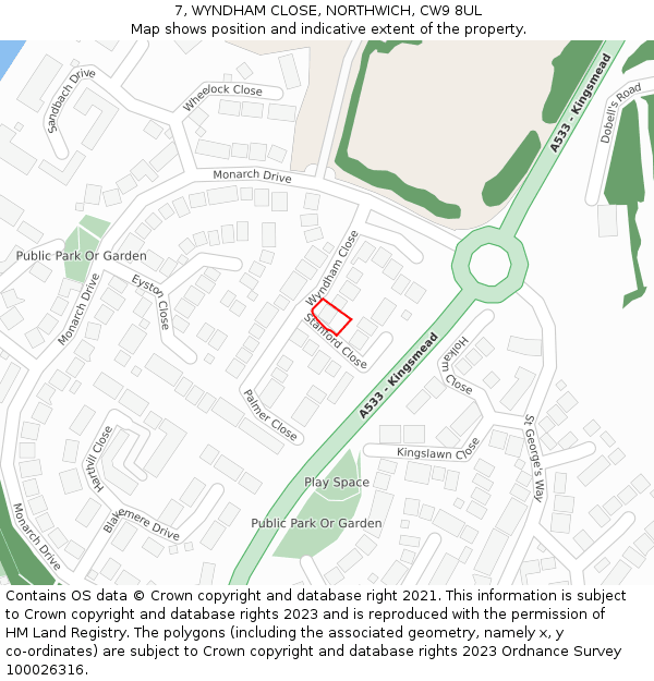 7, WYNDHAM CLOSE, NORTHWICH, CW9 8UL: Location map and indicative extent of plot