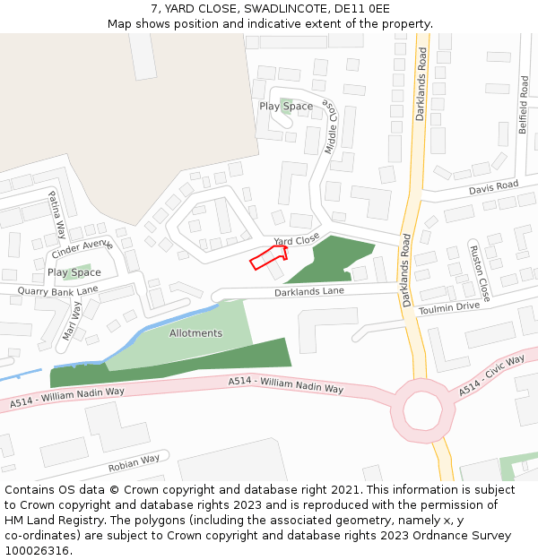 7, YARD CLOSE, SWADLINCOTE, DE11 0EE: Location map and indicative extent of plot