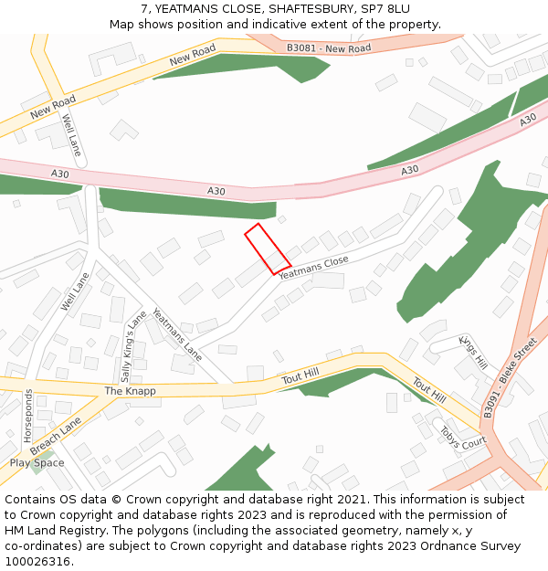 7, YEATMANS CLOSE, SHAFTESBURY, SP7 8LU: Location map and indicative extent of plot