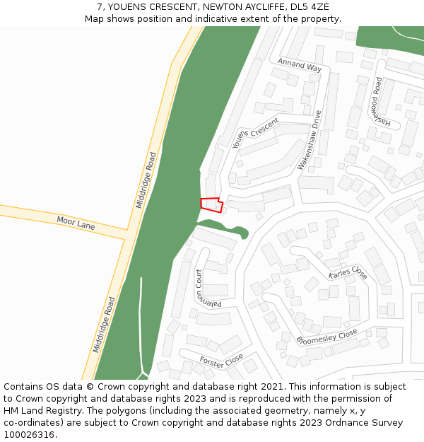 7, YOUENS CRESCENT, NEWTON AYCLIFFE, DL5 4ZE: Location map and indicative extent of plot