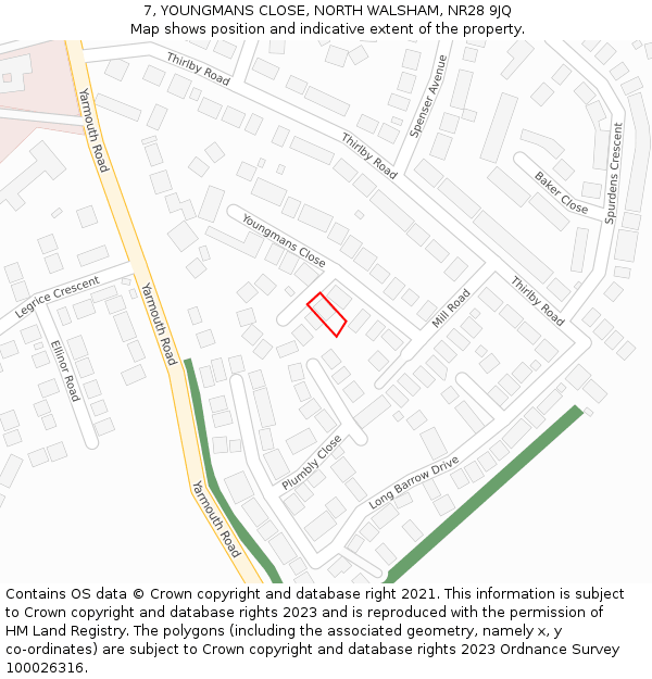 7, YOUNGMANS CLOSE, NORTH WALSHAM, NR28 9JQ: Location map and indicative extent of plot