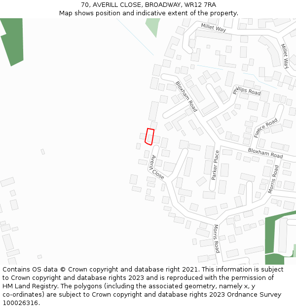 70, AVERILL CLOSE, BROADWAY, WR12 7RA: Location map and indicative extent of plot