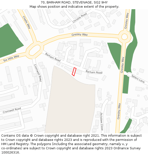 70, BARHAM ROAD, STEVENAGE, SG2 9HY: Location map and indicative extent of plot