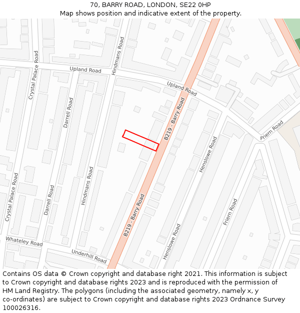 70, BARRY ROAD, LONDON, SE22 0HP: Location map and indicative extent of plot
