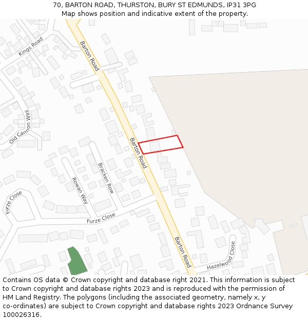 70, BARTON ROAD, THURSTON, BURY ST EDMUNDS, IP31 3PG: Location map and indicative extent of plot