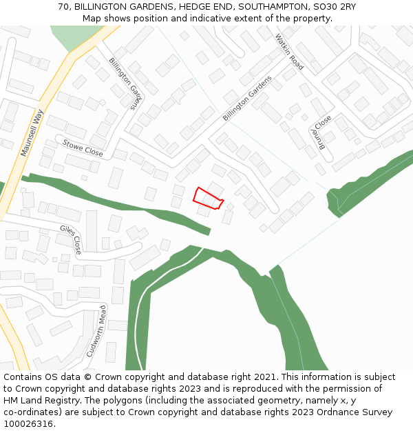 70, BILLINGTON GARDENS, HEDGE END, SOUTHAMPTON, SO30 2RY: Location map and indicative extent of plot