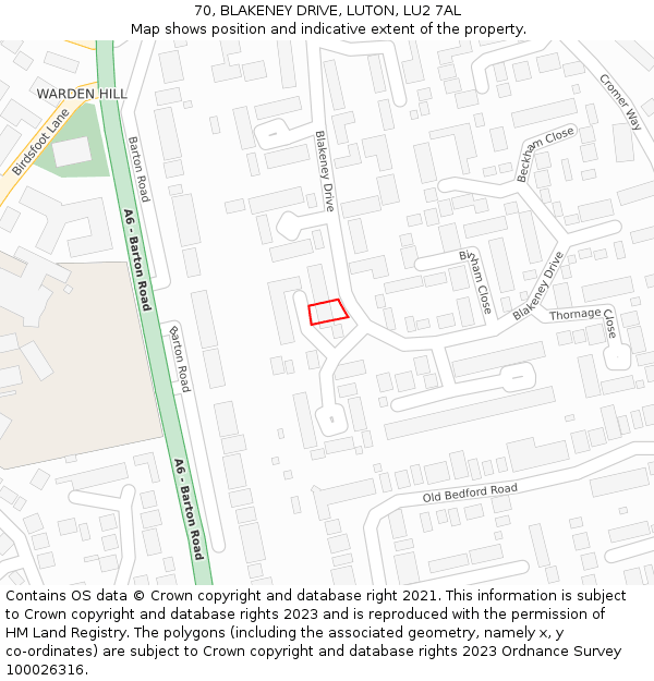 70, BLAKENEY DRIVE, LUTON, LU2 7AL: Location map and indicative extent of plot