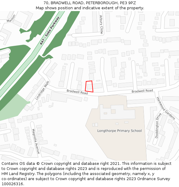 70, BRADWELL ROAD, PETERBOROUGH, PE3 9PZ: Location map and indicative extent of plot