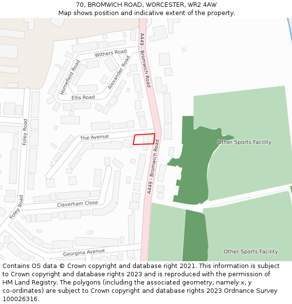 70, BROMWICH ROAD, WORCESTER, WR2 4AW: Location map and indicative extent of plot