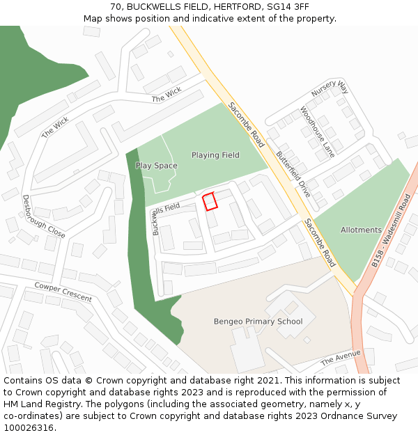 70, BUCKWELLS FIELD, HERTFORD, SG14 3FF: Location map and indicative extent of plot