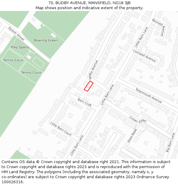 70, BUDBY AVENUE, MANSFIELD, NG18 3JB: Location map and indicative extent of plot