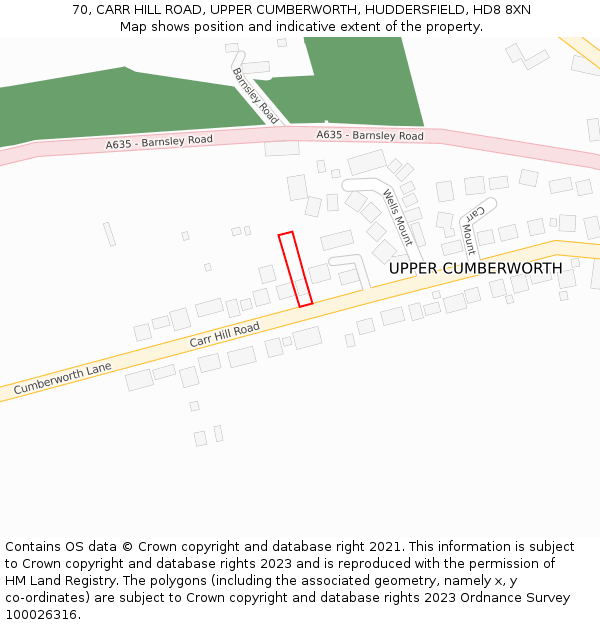 70, CARR HILL ROAD, UPPER CUMBERWORTH, HUDDERSFIELD, HD8 8XN: Location map and indicative extent of plot