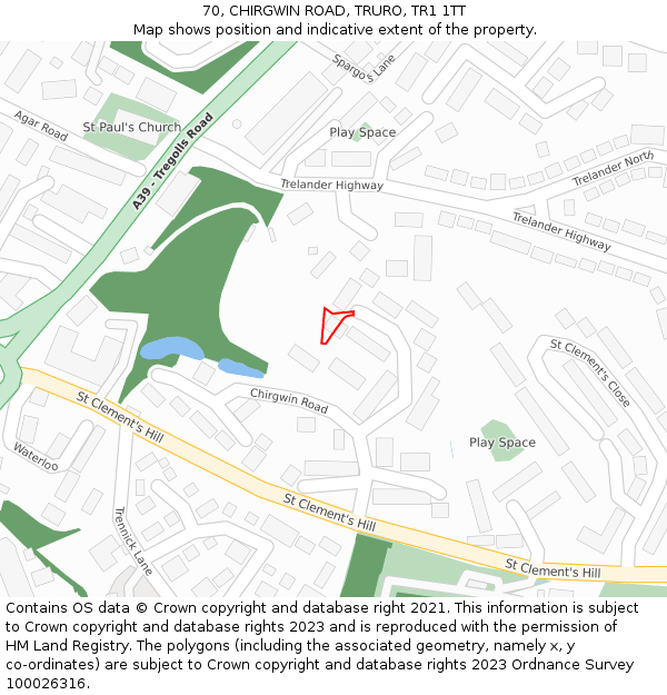 70, CHIRGWIN ROAD, TRURO, TR1 1TT: Location map and indicative extent of plot